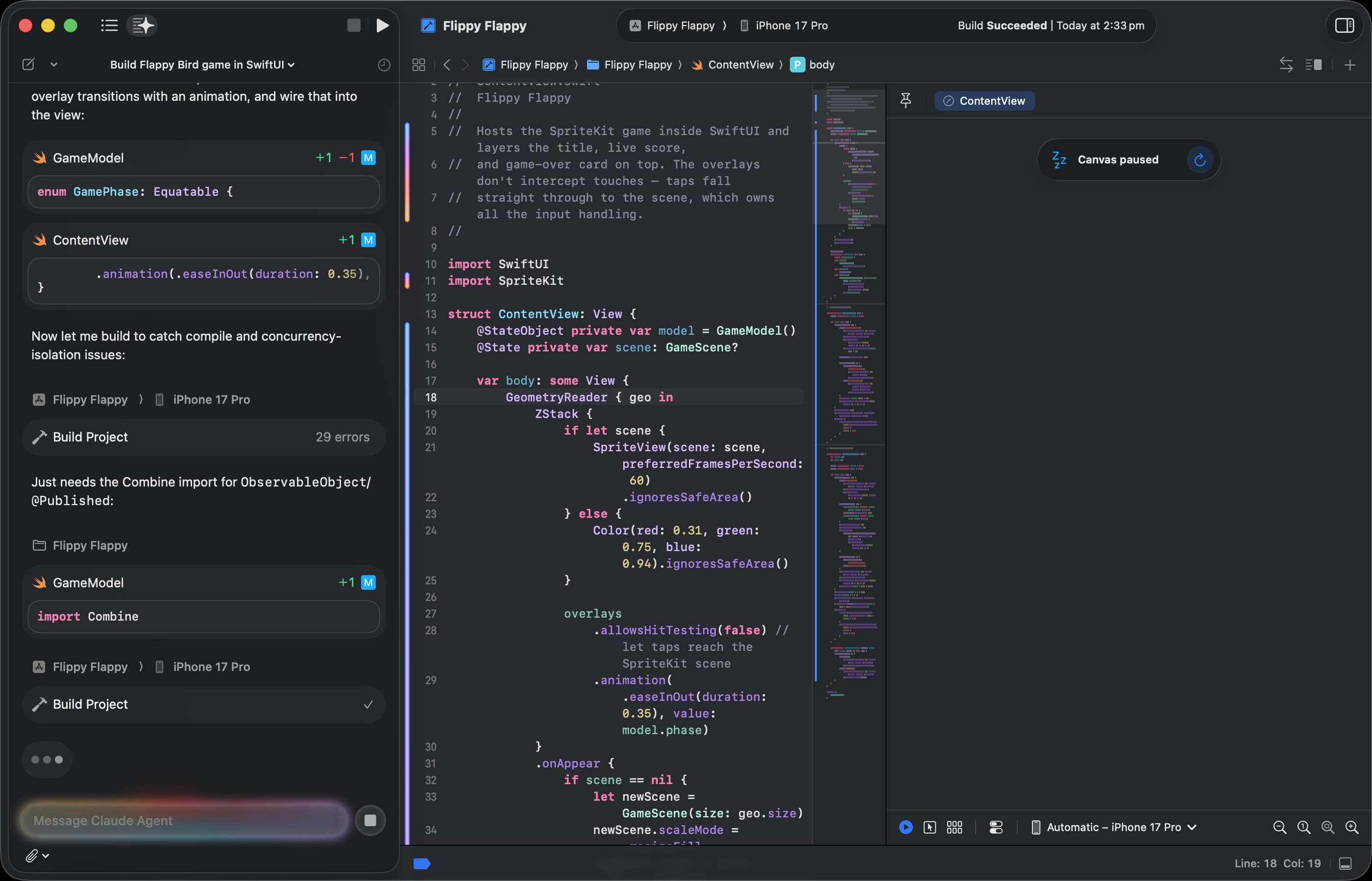 Claude Agent writing the game in Xcode