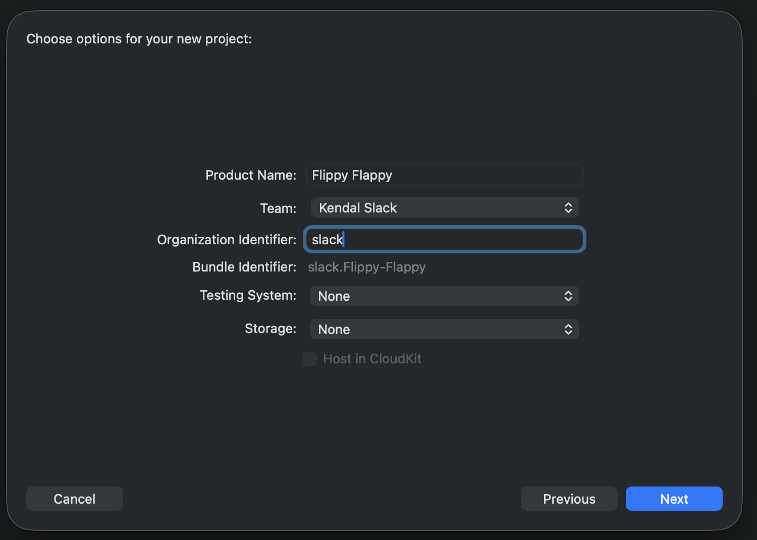 Xcode new project options