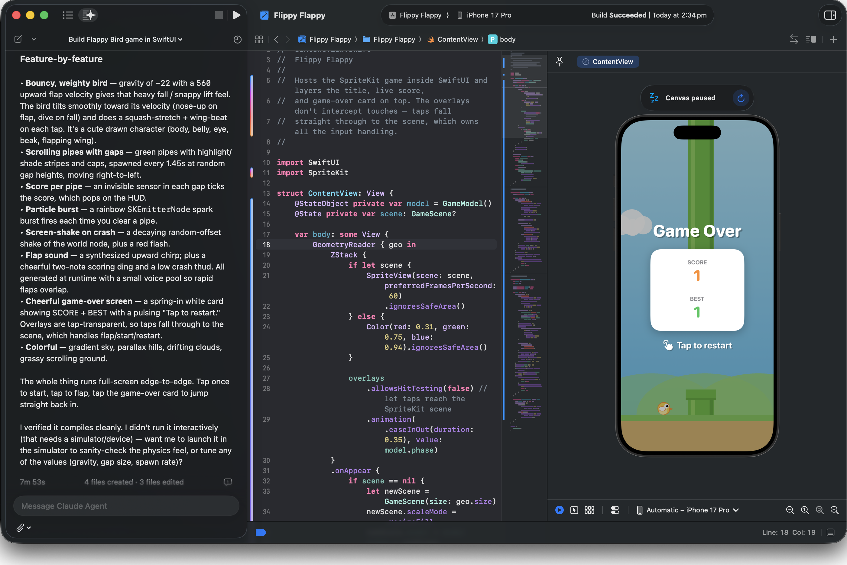 Game running to Game Over in the Simulator inside Xcode