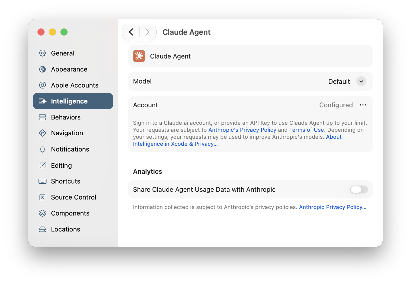 Xcode Settings, Claude Agent configuration pane