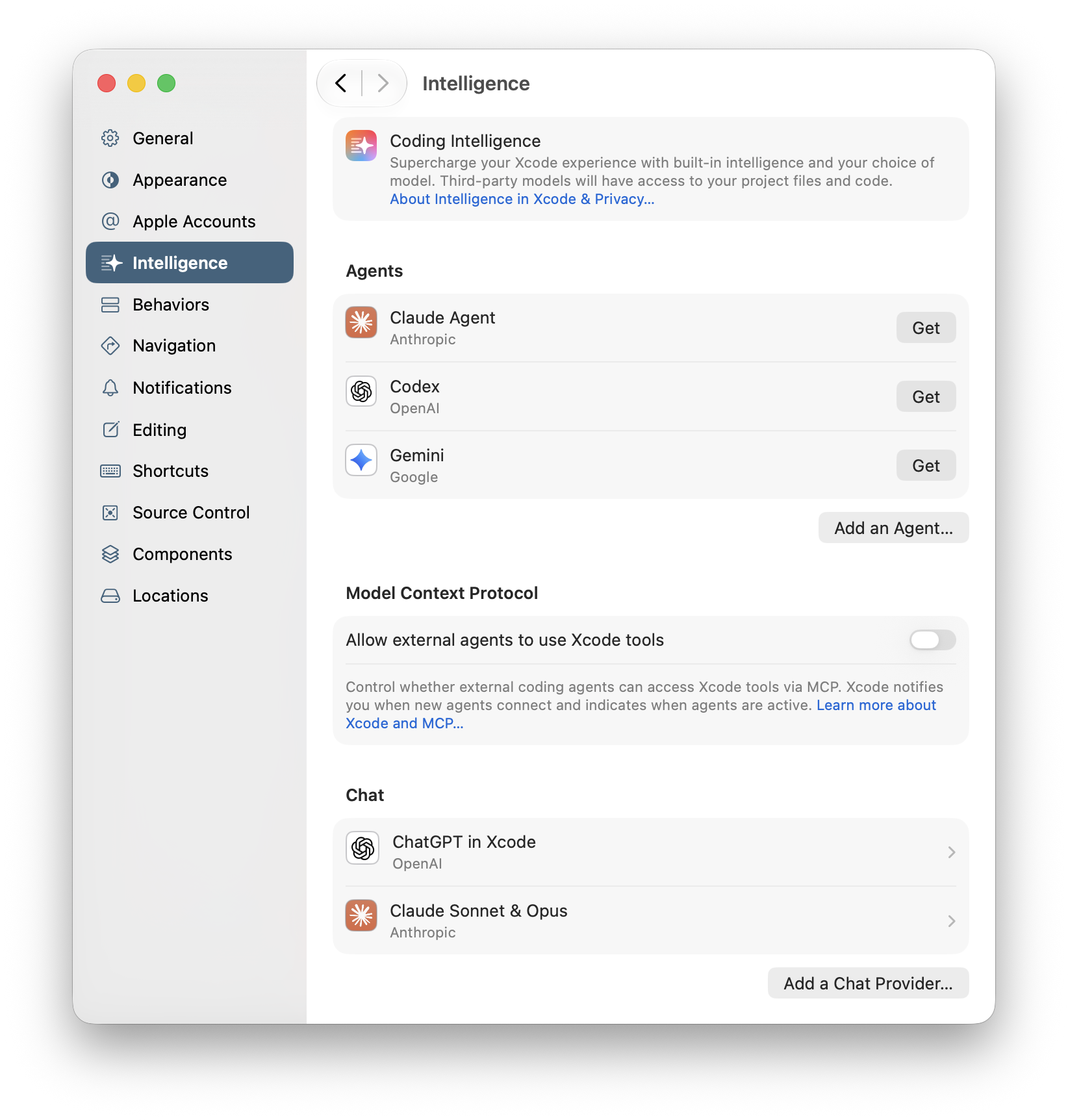 Xcode Settings, Intelligence pane listing Claude Agent, Codex and Gemini